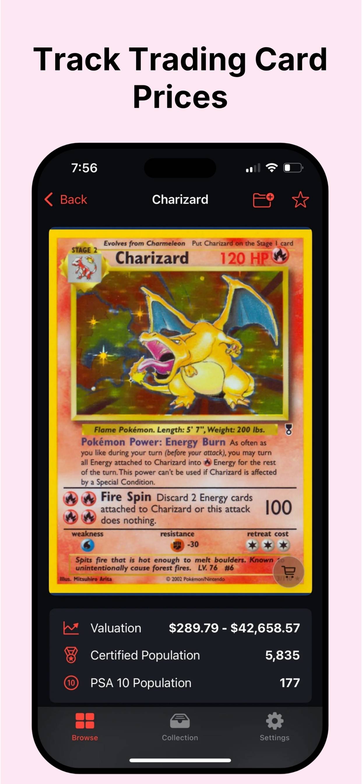 PokeScan card value screen showing Charizard price and population details