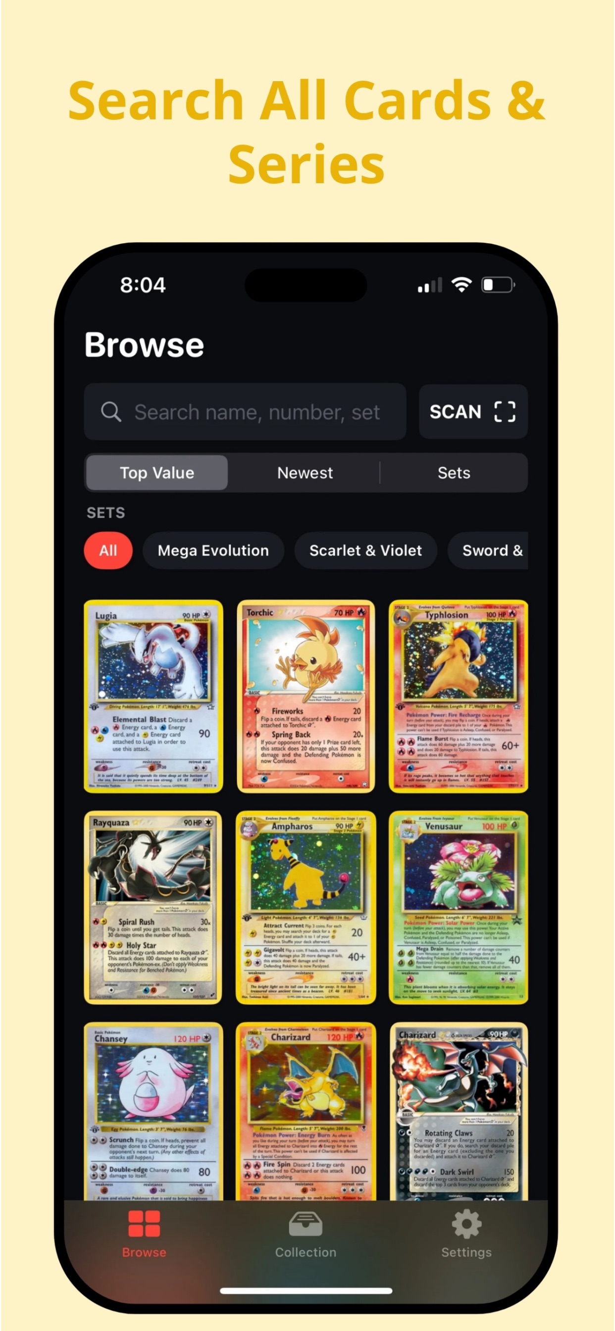 PokeScan browse screen with card search and series filters